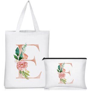 Elegant Floral Monogrammed Tote and Cosmetic Bag Set for Women - Letter E